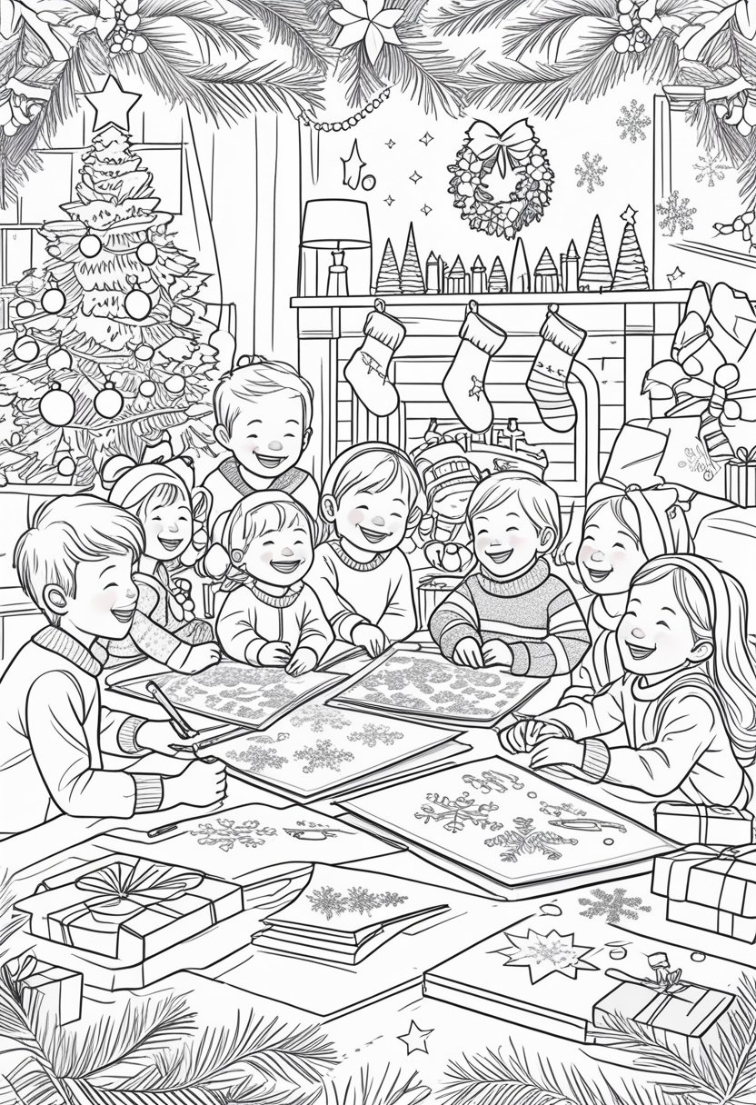 Christmas Coloring Pages for Kids: Top 23 Festive Designs to Print 26 Children and families joyfully coloring Christmas-themed pictures in a decorated room with a Christmas tree, gifts, and festive decorations.